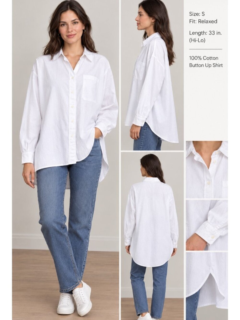 Uniqlo Women's Shirt White Cotton Button Up Oversize Relaxed Sleeve Hi-Lo Size S